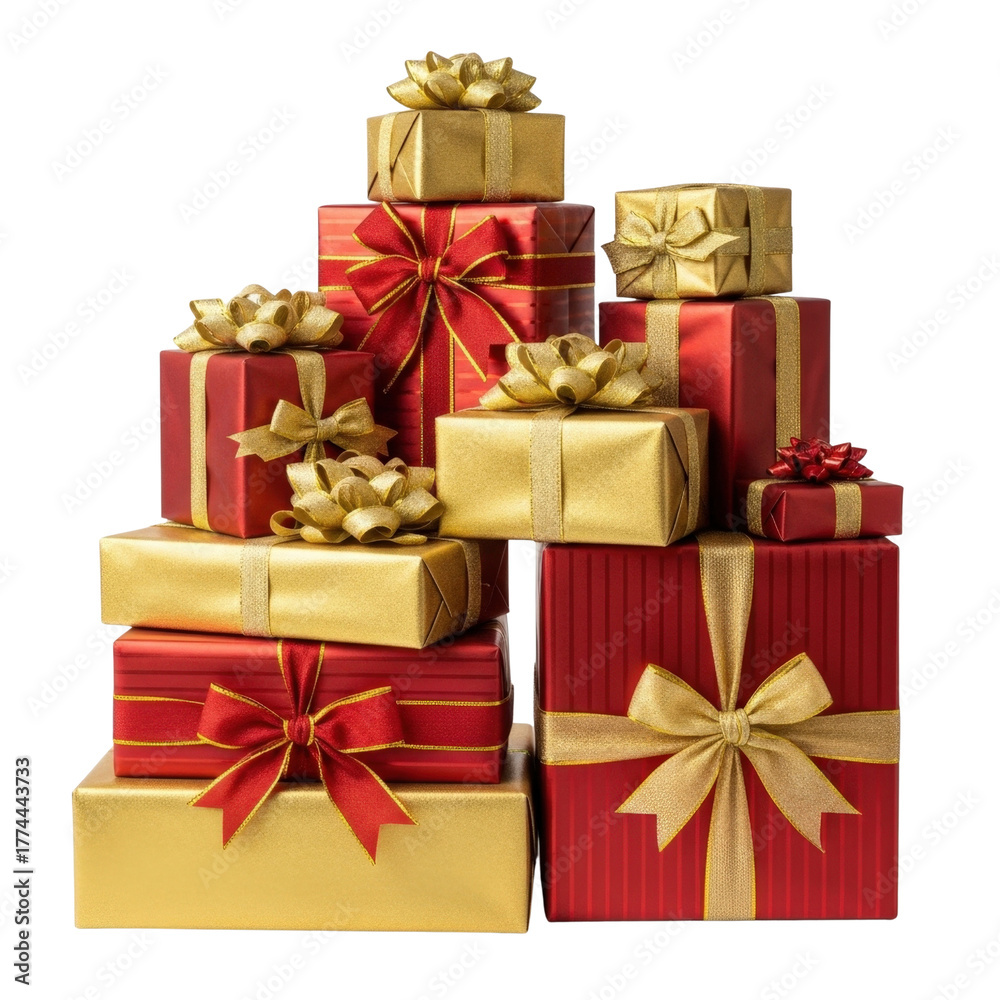 Obraz premium Christmas gifts presents holiday celebration red gold wrapped boxes bows festive season giving occasion on transparent background