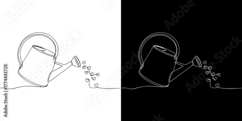 garden watering can pouring out small hearts, mental health, caring attitude, isolated vector image in line art style, on transparent and black backgrounds

