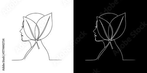 Woman's silhouette with leaves representing concept of mental health, eco-friendly attitude towards your inner world, isolated vector image in line art style, on transparent and black backgrounds

  