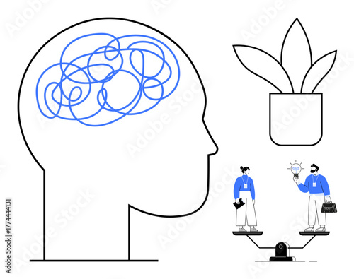 Human head with tangled brain lines, plant pot symbolizing growth, and professionals exchanging ideas on a scale. Ideal for mental health, decision-making, teamwork, mindfulness, growth, work-life