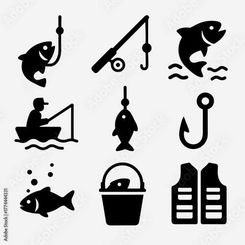 Fishing icon set. Fishing Gear Icons. Solid style icons of fishing gear and methods: fishing pole with hook, net icon, bait bucket, tackle box, fish	
