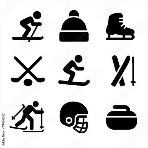 Winter Sports Icons. Solid, filled icon set of ice skating and sports: ice skate, hockey puck, curling stone, figure skater, ice rink, ski poles, snowboarding. Vecttor icon.