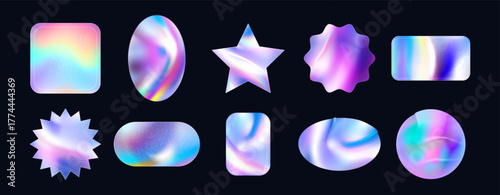 Techno sticker. Iridescent foil label. Holographic adhesive film. Shiny spectrum reflection. Textured color gradient material. Metallic Iridescent silver stamps and emblems. Realistic holo mockup set