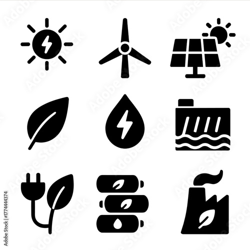 Renewable energy icon. Sustainability, eco-friendly initiatives, and green technology: wind turbine, solar panel, hydroelectric dam, battery, leaf, sun, geothermal, gauge
