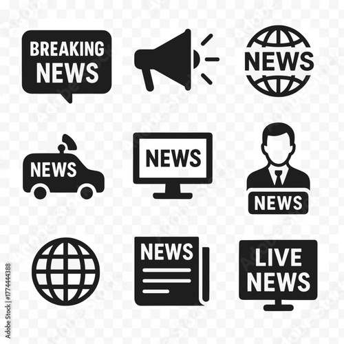 News icon set. News and journalism, including newspaper, reporter, laptop, megaphone, TV, mobile news, and globe	
