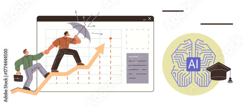 Two individuals collaborate to climb an upward graph arrow while dodging challenges with an umbrella. AI and education concepts symbolized by a brain circuit, AI text, and graduation hat. Ideal