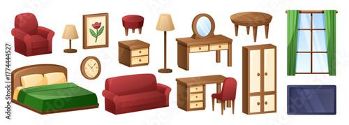Cartoon living room interior. Home furniture. Bed and sofa. TV desk. Wooden chair. Dressing table cabinet. Game background for house. Furnishing elements set. Vector comfortable modern garish design
