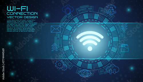 Wi-Fi signal. Wireless network. Glowing circuit symbol. Tech system. Digital connection. Online data flow. Computer icon. Global web communication. Modern technology Vector smart garish media banner