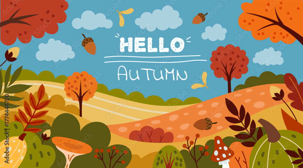 Fototapeta premium Autumn panorama. Forest landscape with trees during fall. Foliage season of November. Red yellow, gold leaves for Thanksgiving holiday banner backdrop. Countryside panorama. Vector tidy background