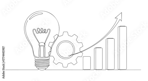 One line continuous concept of idea generation, gear, and growth - EPS Illustration