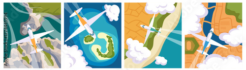Aeroplane fly. Scenic landscape aerial view. Plane on journey. Aircraft travel. Transport for flight. Holiday on aviation. Earth map. Ocean coast. Above at ground. Sky cloud. Vector travel cards set
