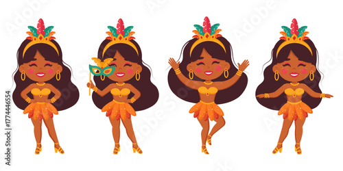 Cute cartoon samba dancer girls set colorful carnival costumes with feathers different poses. Brazilian carnival characters for posters, party invitations, stickers, summer design. Vector illustration