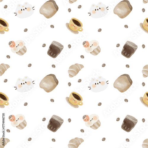 Adorable watercolor bakery seamless pattern with cat head and pastry
