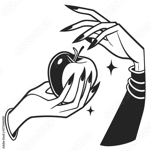Two stylized hands with long nails offer a shiny apple, with stars adding a magical or ominous touch.