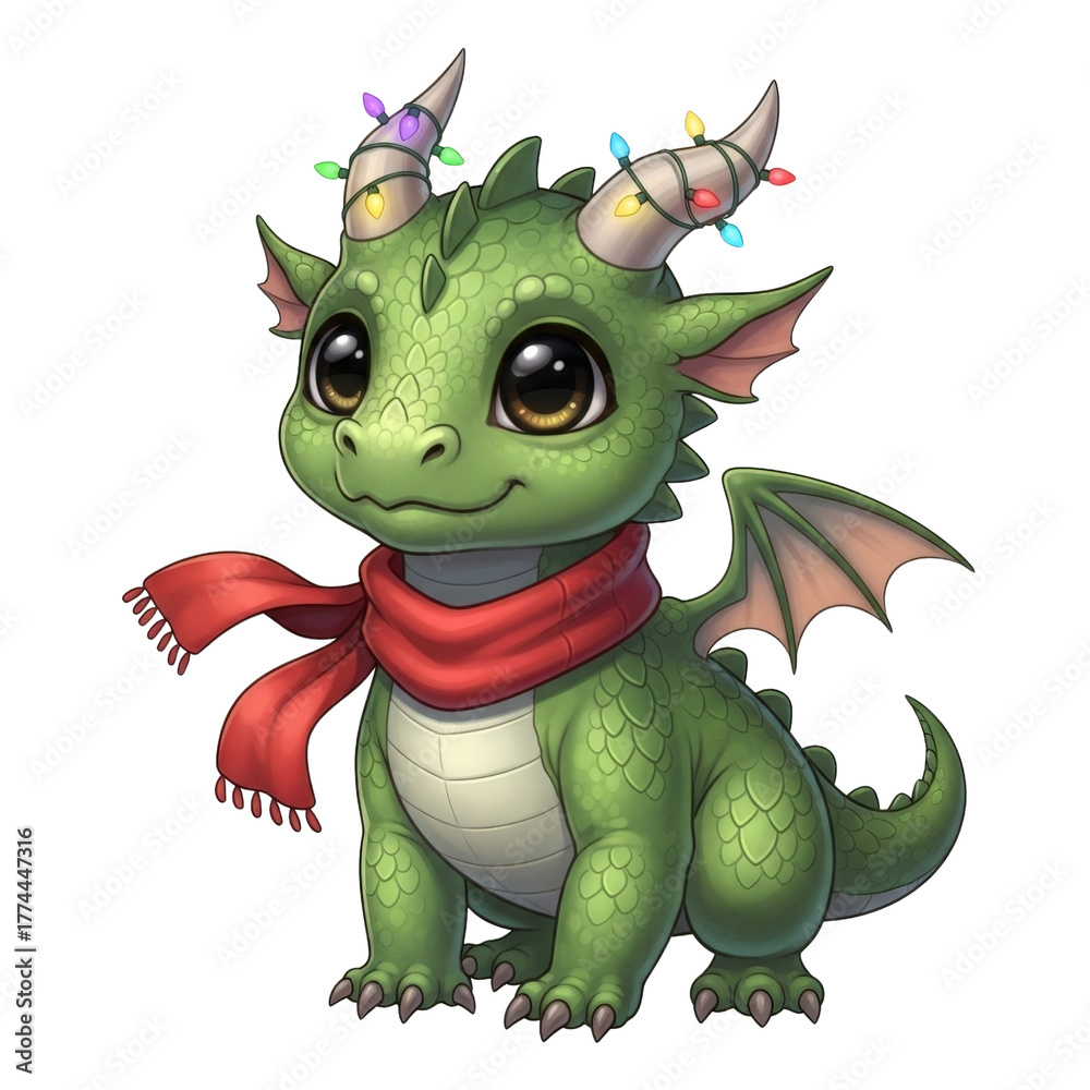 Fototapeta premium Cute christmas dragon illustration adorable baby green dragon with scarf and christmas lights art on transparent background