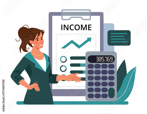 Money counting. Financial income calculation. Woman with big profit report document at clipboard and calculator. Payday salary. Economy benefits growth. Banking fund. Account audit. Vector concept