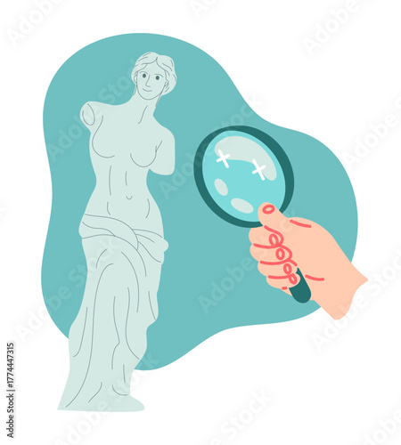 Creative hobby. Hand with magnifying glass research ancient statue. Archeology study. Greek woman marble sculpture. Female body. Museum exhibition. Artist studio. Sculptor workshop. Vector concept