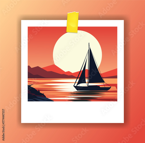 Summer travel. Photography attached with adhesive tape. Sunset seascape. Beach vacation photo with sailing yacht. Journey tour. Scenic seaside evening landscape. Ship in bay. Vector snapshot picture