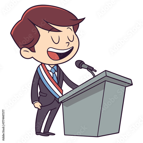 A cartoon illustration of a young politician giving a speech at a podium, smiling.