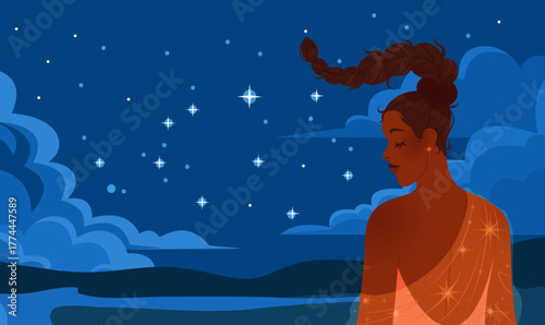 Woman magic. Young female looking at starry night sky. Magical beauty. Scenic midnight nature landscape admire. Lady profile face. Beautiful cute people wellbeing. Fantasy dream. Vector illustration