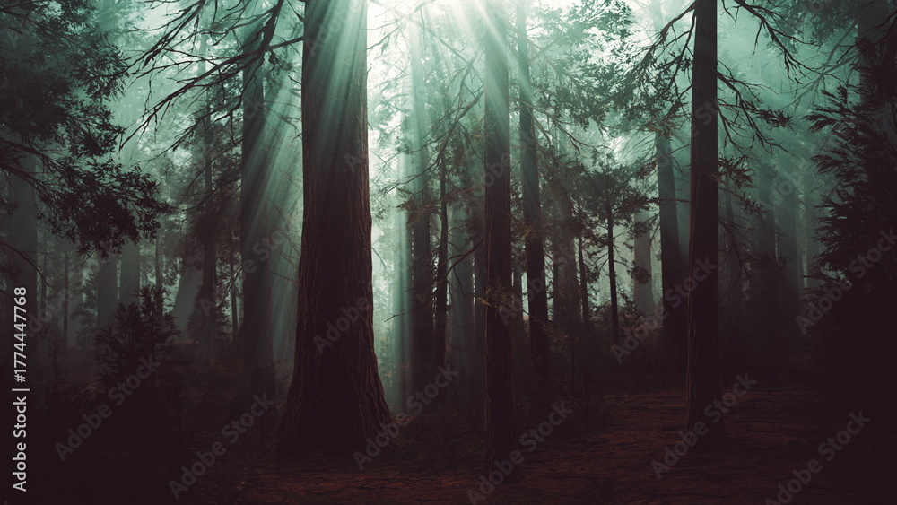 Obraz premium Tall trees rise majestically as soft sunlight filters through a dense mist. The forest floor is shrouded in shadows, evoking a sense of mystery and tranquility in nature.