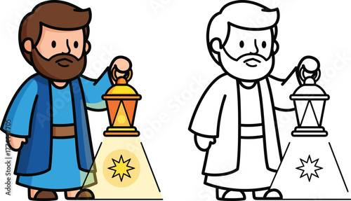 Cartoon Man Holding Lantern with Star-Shaped Light  Symbolic Religious Guidance and Hope Illustration
