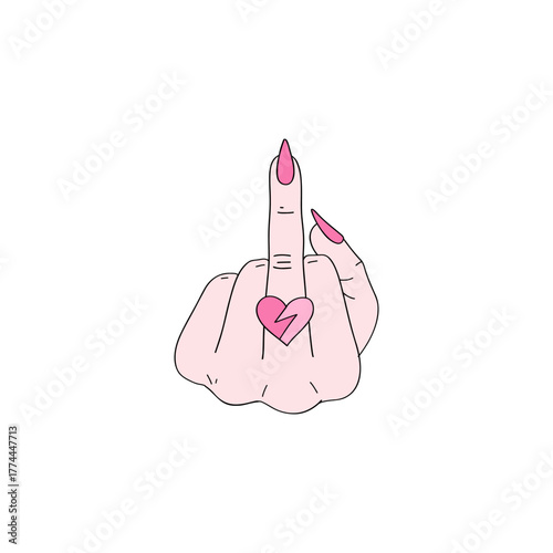 Woman Hand Showing Middle Finger with Broken Heart Ring Clipart, Funny Anti Valentines Day Sarcastic Love Rebel Illustration for T-Shirt Design, Scrapbooking and Stickers