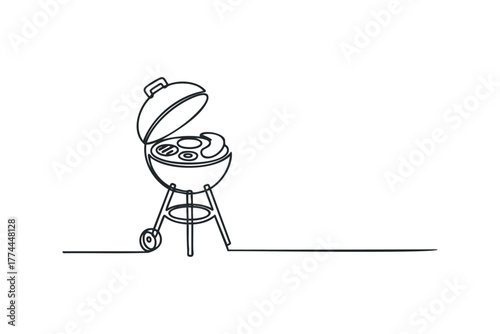 Single line drawing of a barbecue grill with food