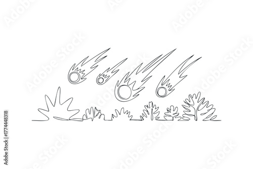 Meteor shower approaching over stylized landscape line art