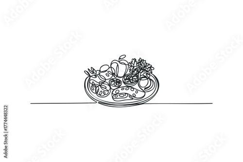 One line drawing of a vibrant fruit and vegetable platter