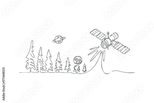 Space satellite orbits above abstract forest landscape