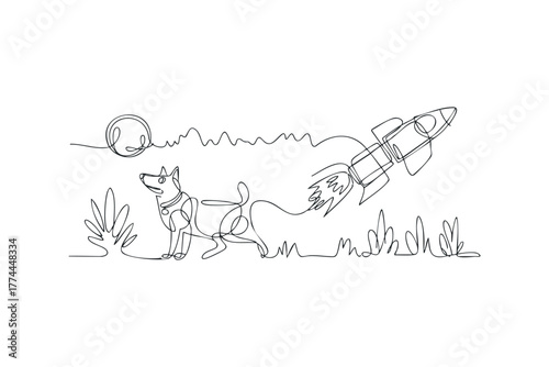 Dog with Leash Watches Rocket Ascend in Single Line Art