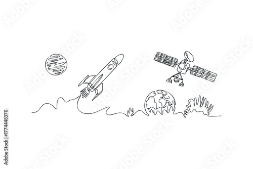 Space exploration journey with rocket and satellite orbiting Earth