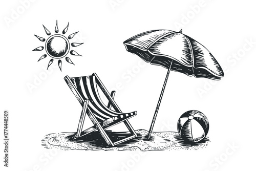 Summer beach scene with deck chair, umbrella, and sun