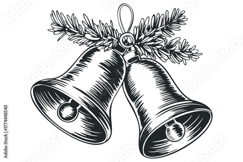 Hand-drawn Christmas bells with pine needles