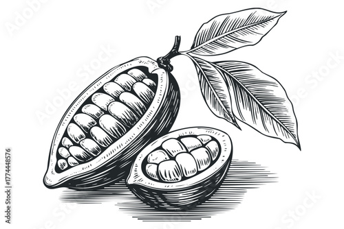 Cocoa Pod with Seeds and Leaves in Engraved Style