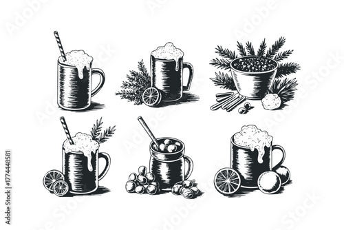 Collection of hot drinks with citrus and spices