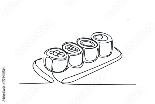 Line drawing of four sushi rolls on a platter