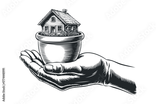 Hand holds miniature house within flower pot
