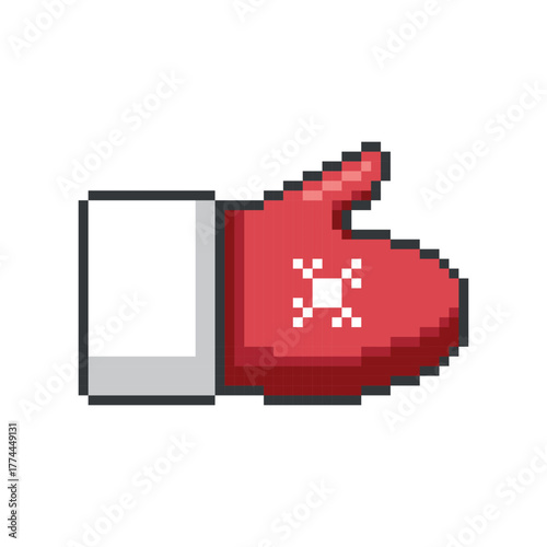 Pixel art red mitten icon with snowflake. Warm winter glove game asset Christmas holiday design. Vector red mitten