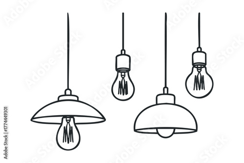 Four modern pendant lights and bulbs with filament line art