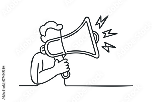 Person holding a megaphone announcing loudly with sound waves