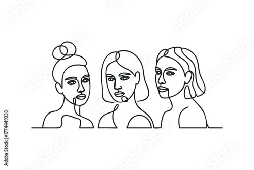 Three diverse women portraits minimal line drawing