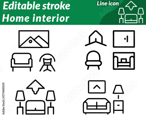 A sleek and elegant icon representing home interior design furniture and decoration.The design features a stylized living room setup  including a sofa floor lamp and framed wall art symbolize comfort.