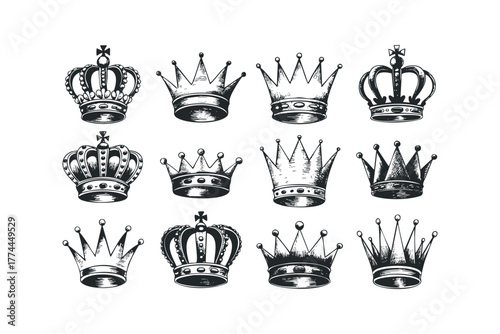 Collection of Twelve Ornate Crown Icons in Black and White