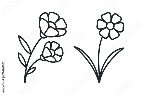 Simple Outline Flowers with Stems and Leaves