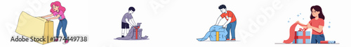 Various stages of gift preparation and presentation: wrapping large boxes, unveiling surprises, and tying ribbons.