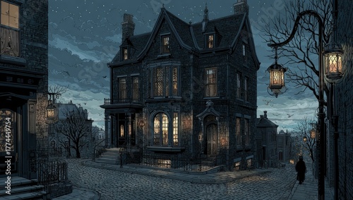 Old Victorian House at Night in a City Street.