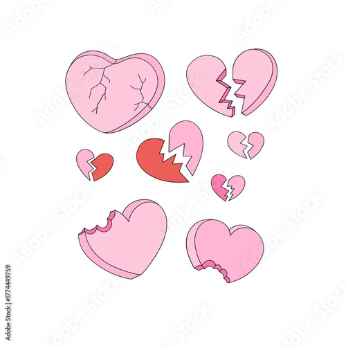 Broken and Bitten Hearts Clipart, Funny Anti Valentines Day Sarcastic Love Retro Aesthetic Illustration for T-Shirt Design, Scrapbooking and Stickers