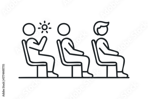Three figures seated in a line with one person showing discomfort from sunlight